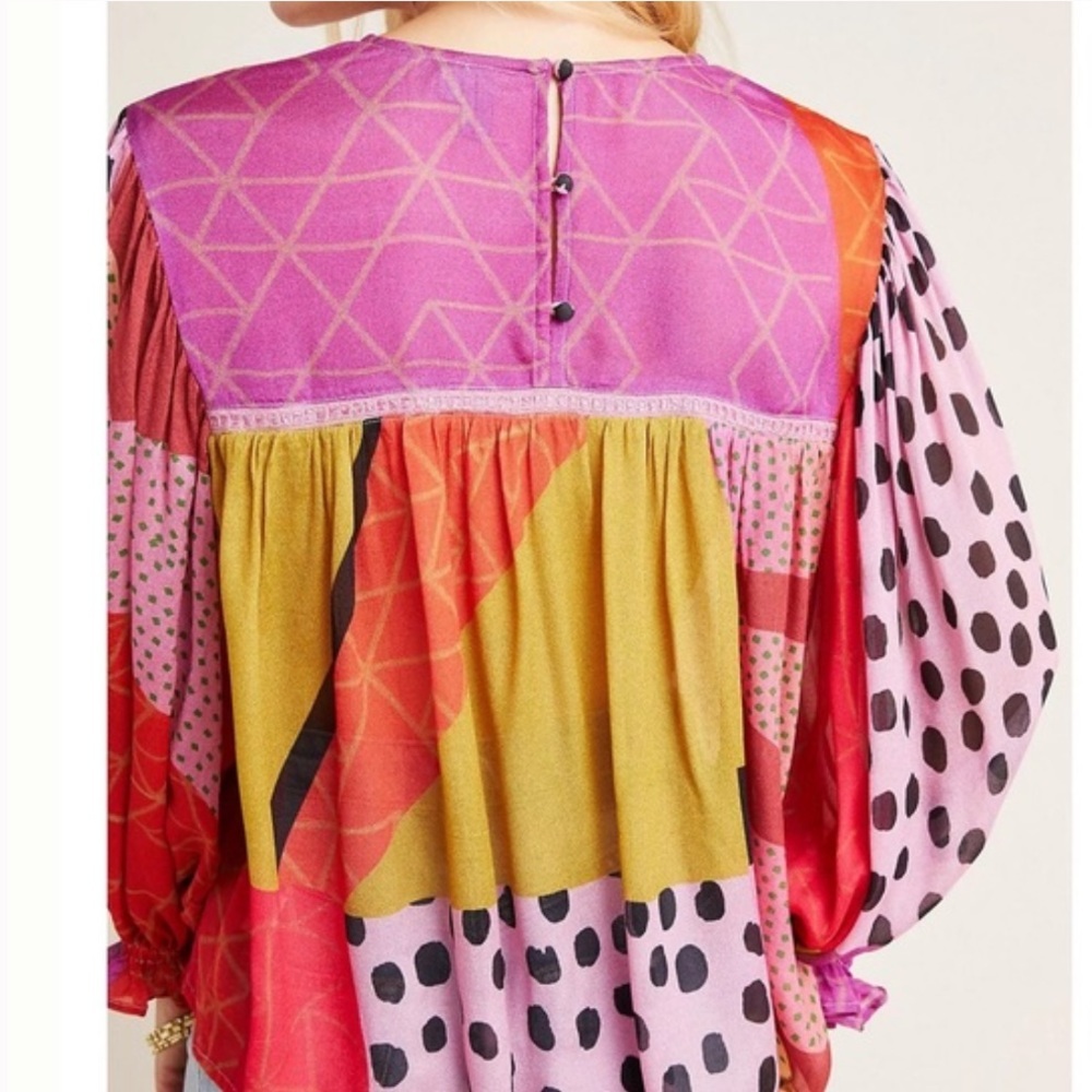 BOGO Anthropologie Pink Patchwork Polka Dot Peasant Blouse - Picture 5 of 12